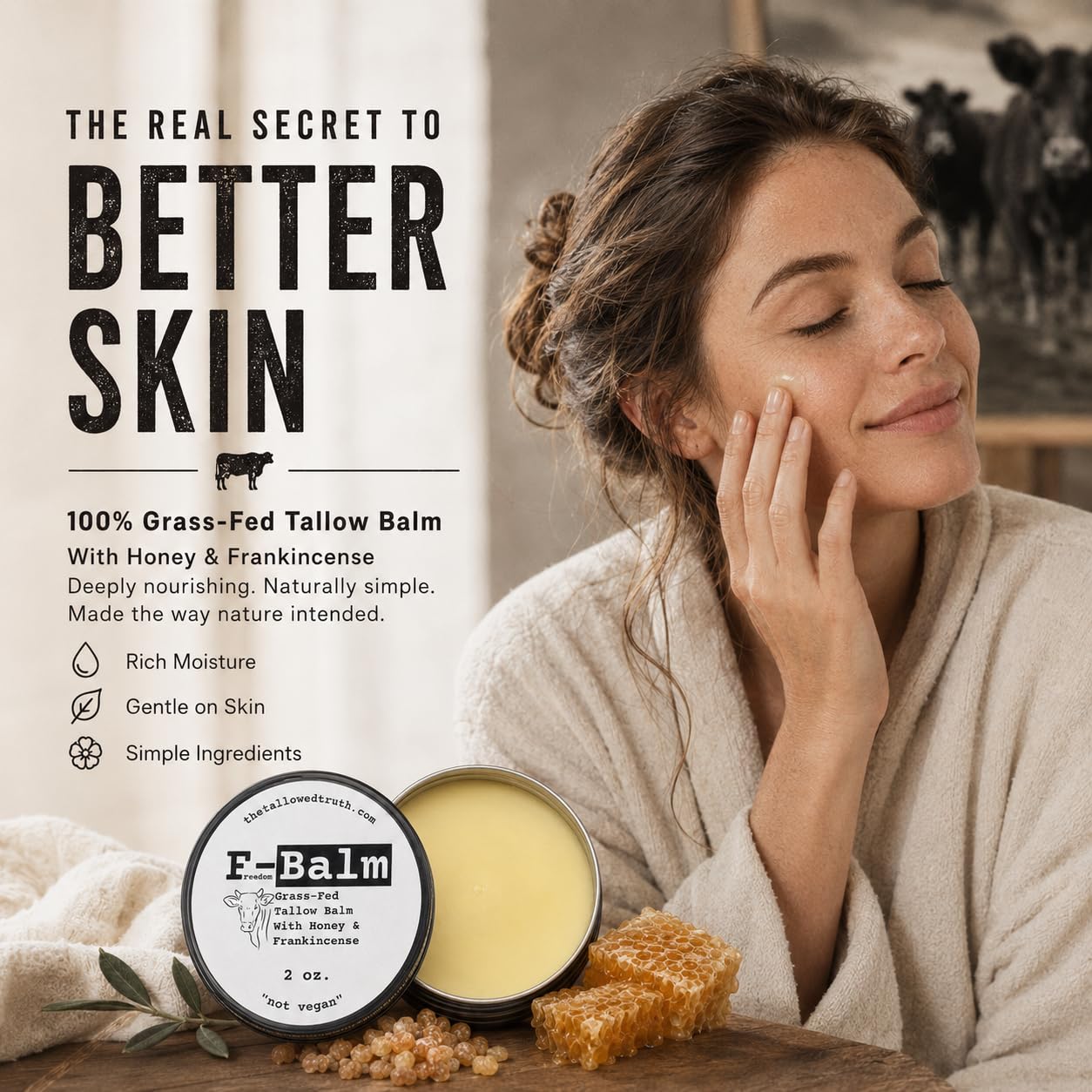 The Tallowed Truth on a bathroom vanity staged with natural skincare items