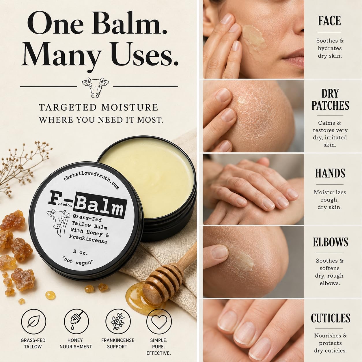 The Tallowed Truth texture close-up showing creamy balm and smooth spreadability