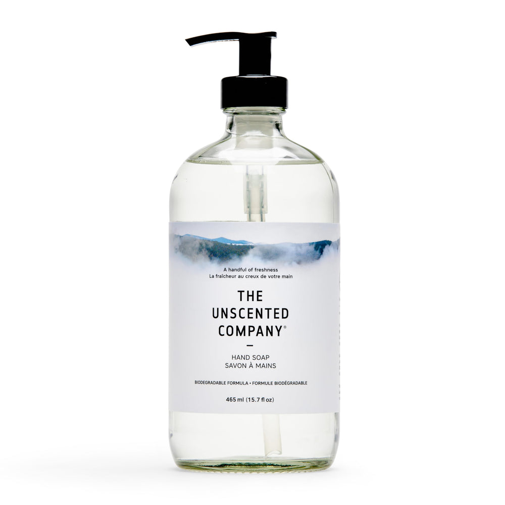 The Unscented Company glass bottle front view showing minimalist label and clean design benefit: upscale countertop look