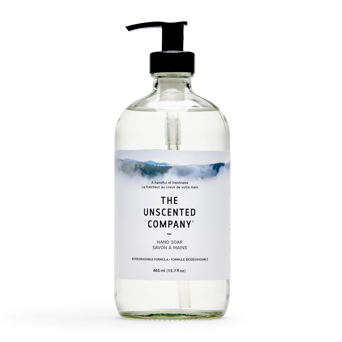 The Unscented Company glass bottle front view showing minimalist label and clean design benefit: upscale countertop look