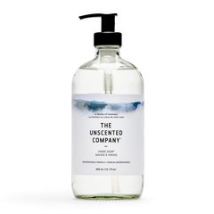The Unscented Company glass bottle front view showing minimalist label and clean design benefit: upscale countertop look