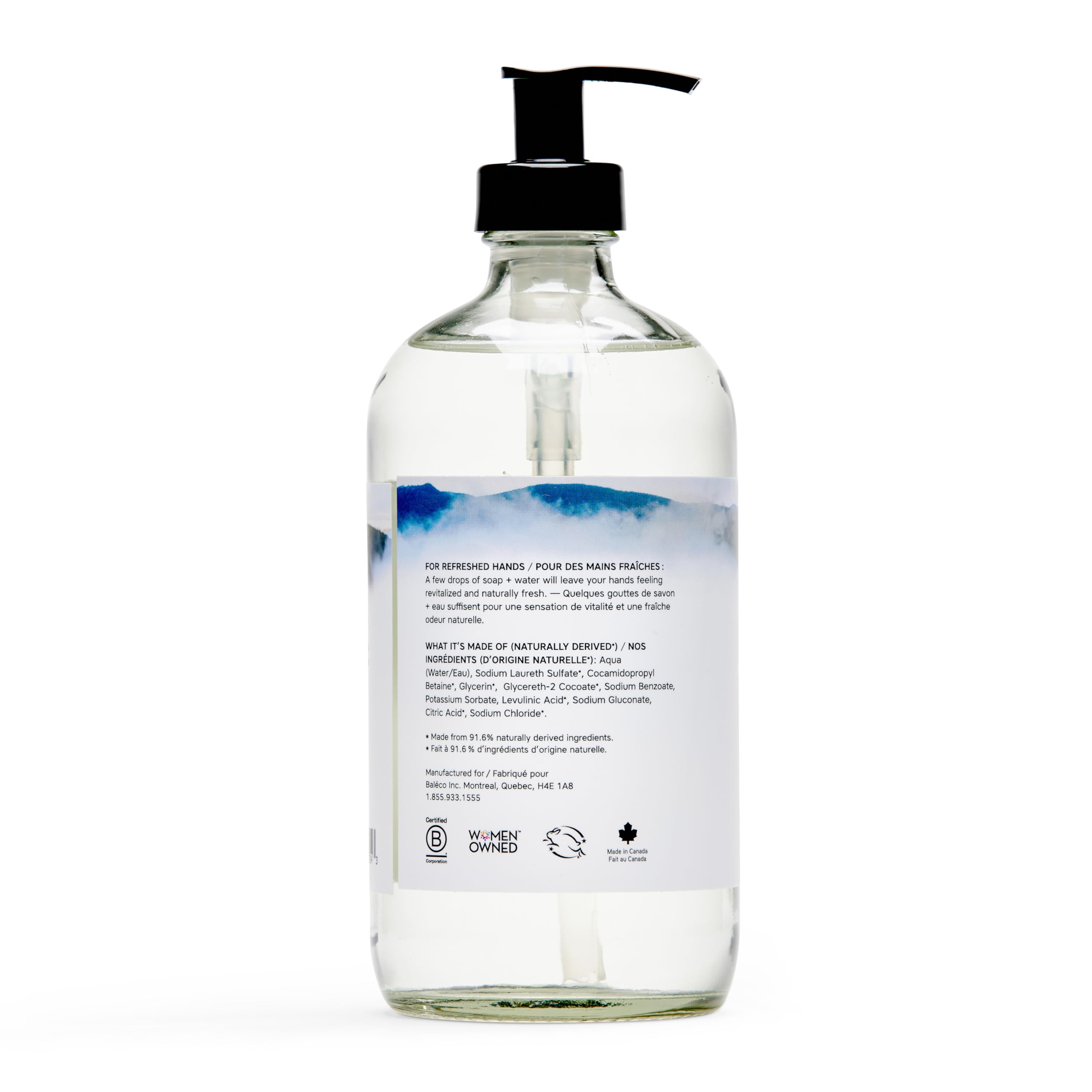 The Unscented Company soap being poured showing clear liquid texture benefit: easy-rinsing, non-greasy formula