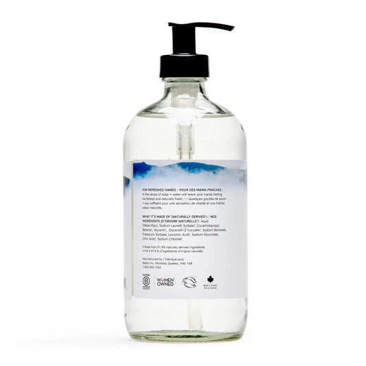 The Unscented Company soap being poured showing clear liquid texture benefit: easy-rinsing, non-greasy formula