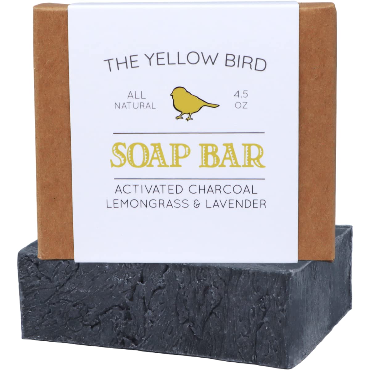 The Yellow Bird soap front packaging showing natural charcoal benefits