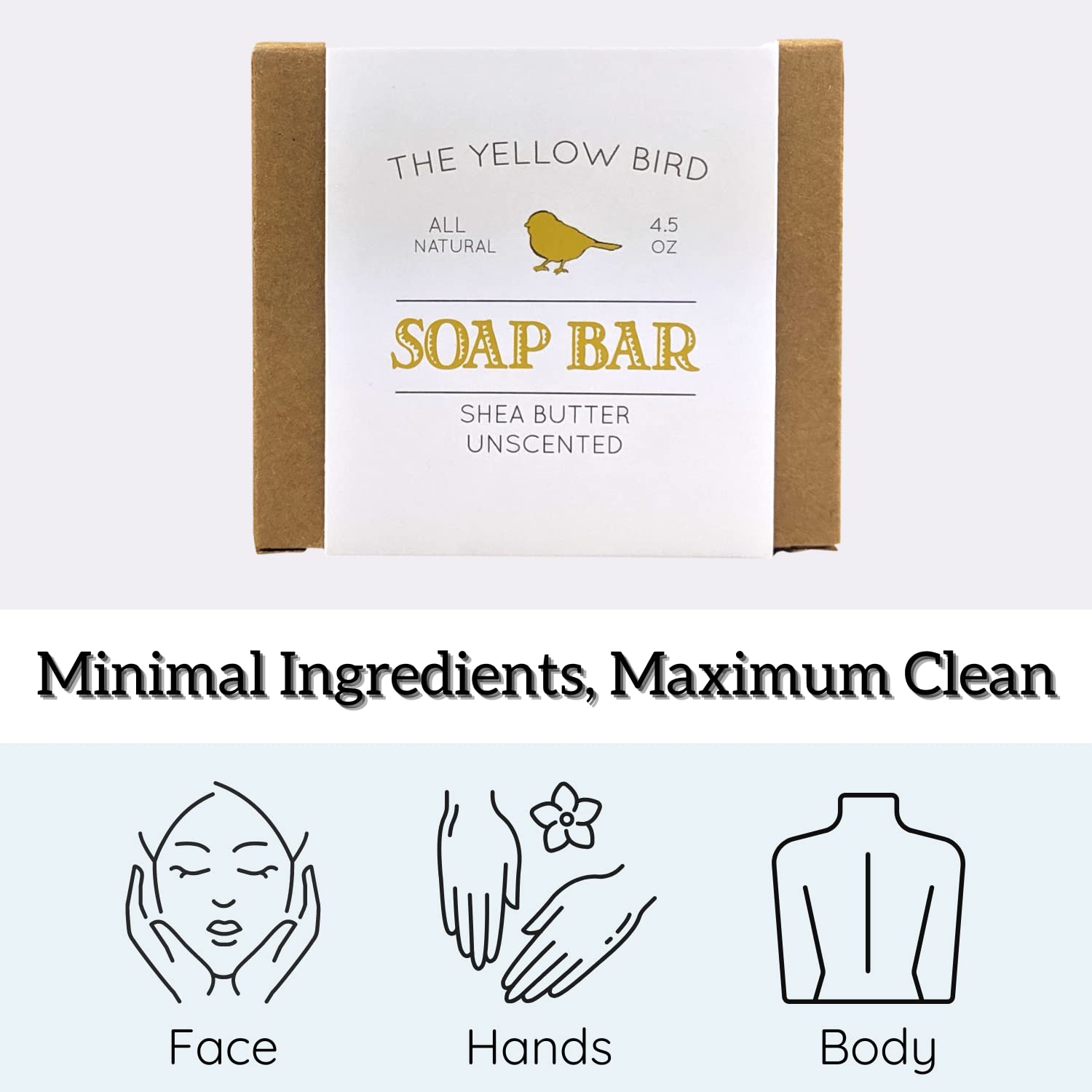 Ingredient label of The Yellow Bird soap listing organic plant oils and hypoallergenic benefits