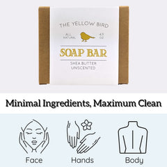 Ingredient label of The Yellow Bird soap listing organic plant oils and hypoallergenic benefits