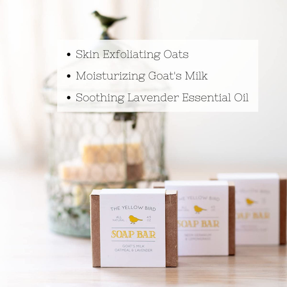 The Yellow Bird soap with visible rolled oats detail soothing and calming skin