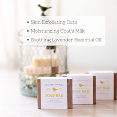 The Yellow Bird soap with visible rolled oats detail soothing and calming skin