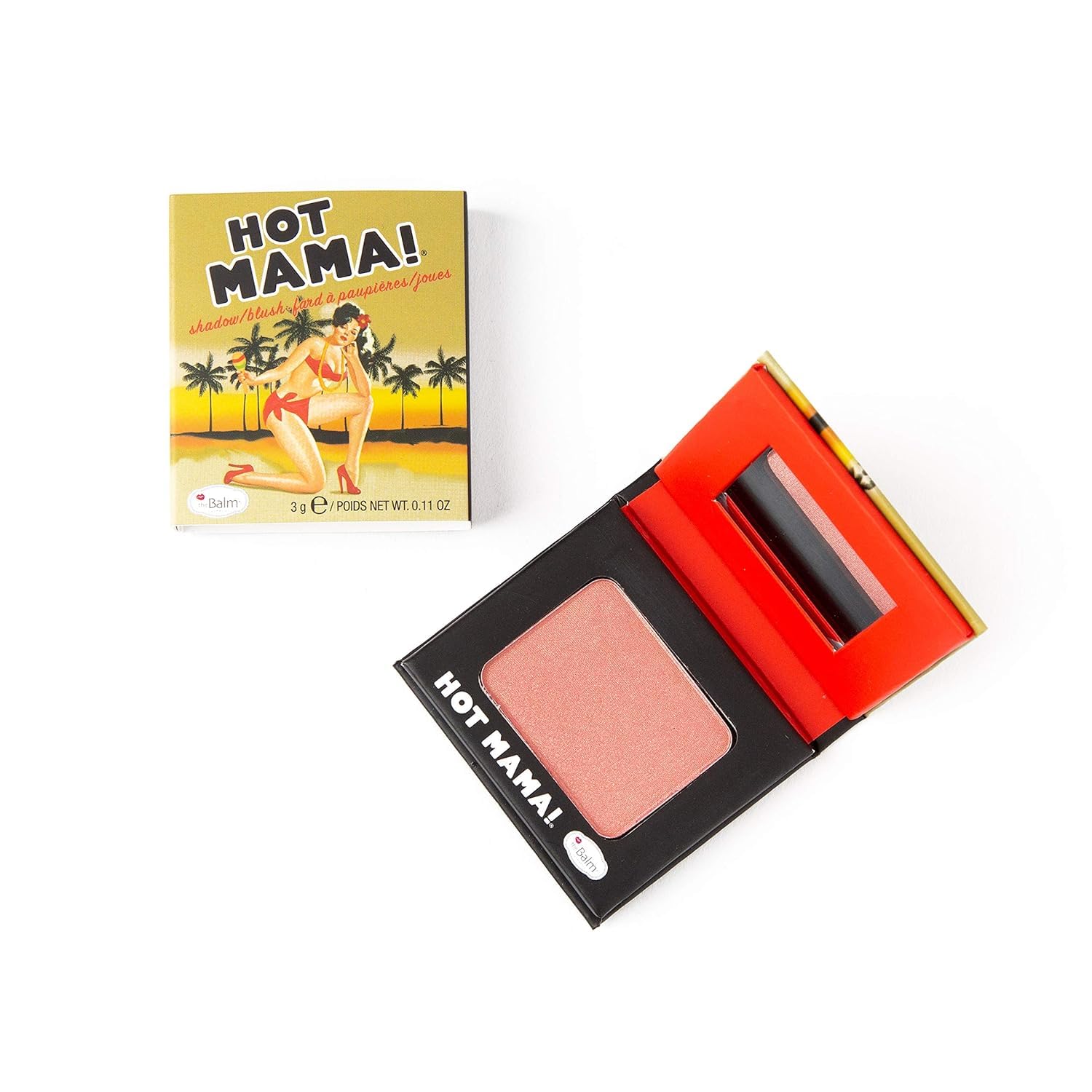 theBalm Hot Mama front compact showing travel-size packaging and clear shade view for convenience