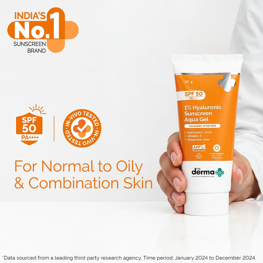 The Derma Co sunscreen gel texture close-up highlighting lightweight hydration