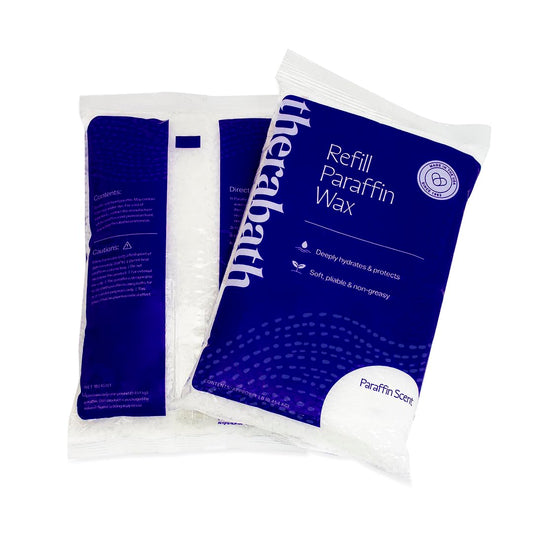Therabath tub front label showing unscented 6 lb refill, clear usage benefit