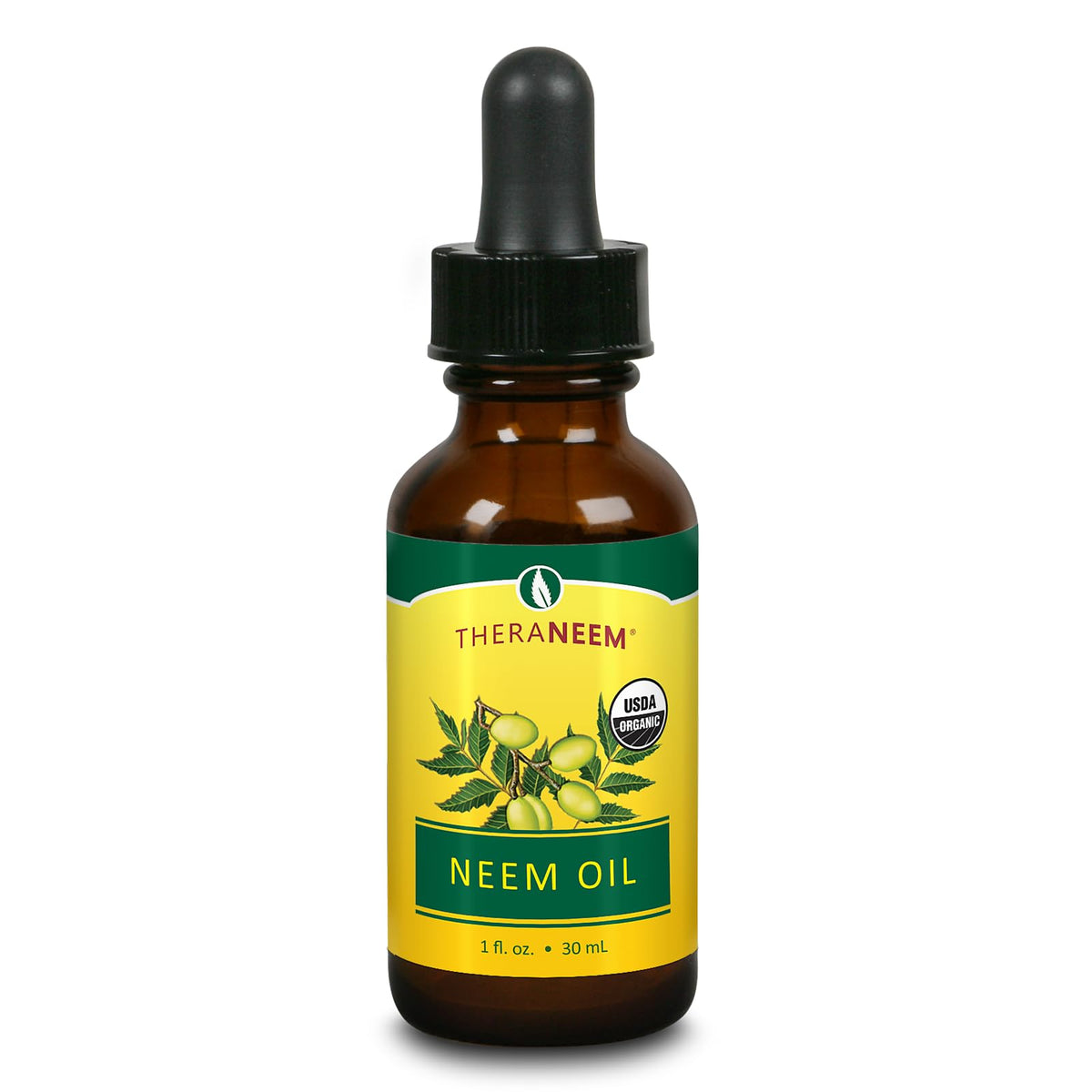 TheraNeem bottle front label showing organic neem oil and benefits
