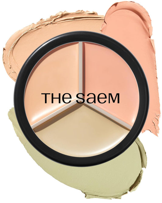 THESAEM palette front view showing three corrective shades and compact design benefit portability