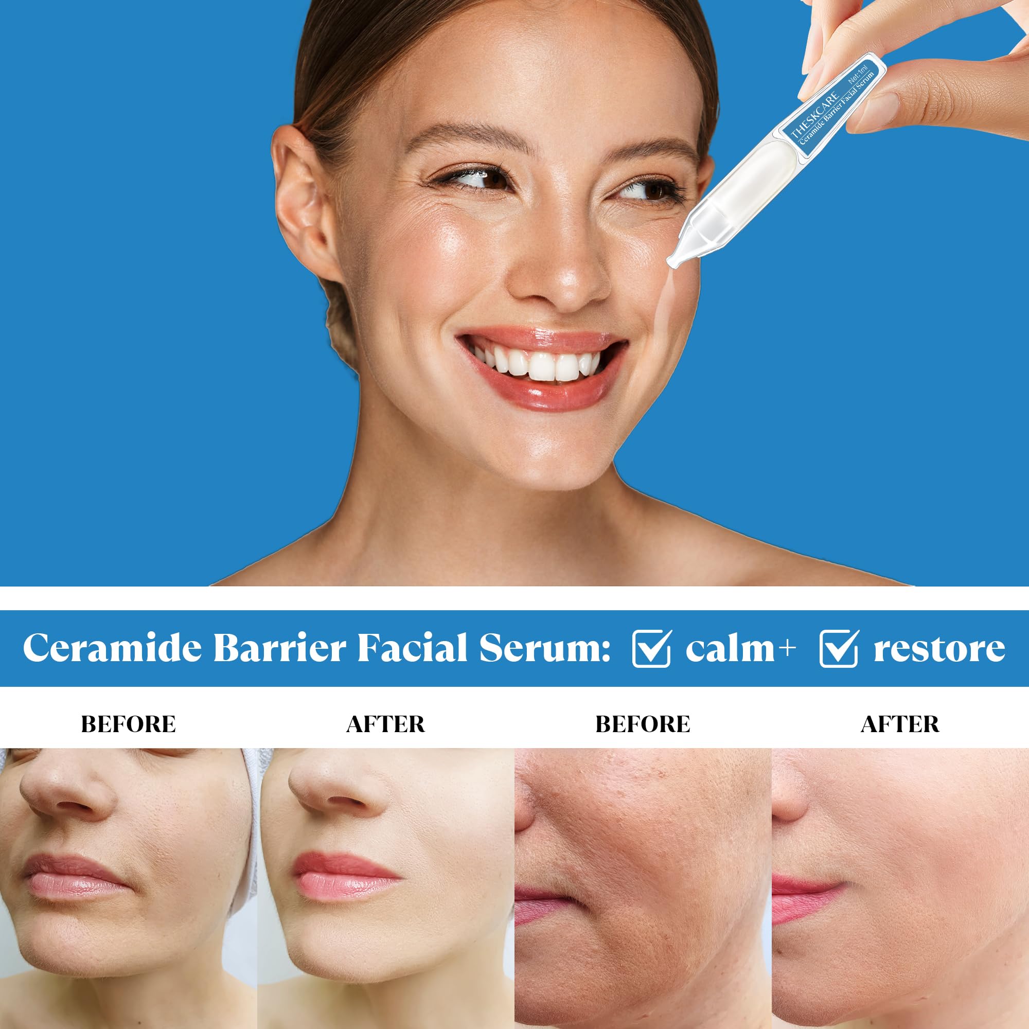 THESKCARE open ampoule with serum on fingers showing single-use hygiene benefit