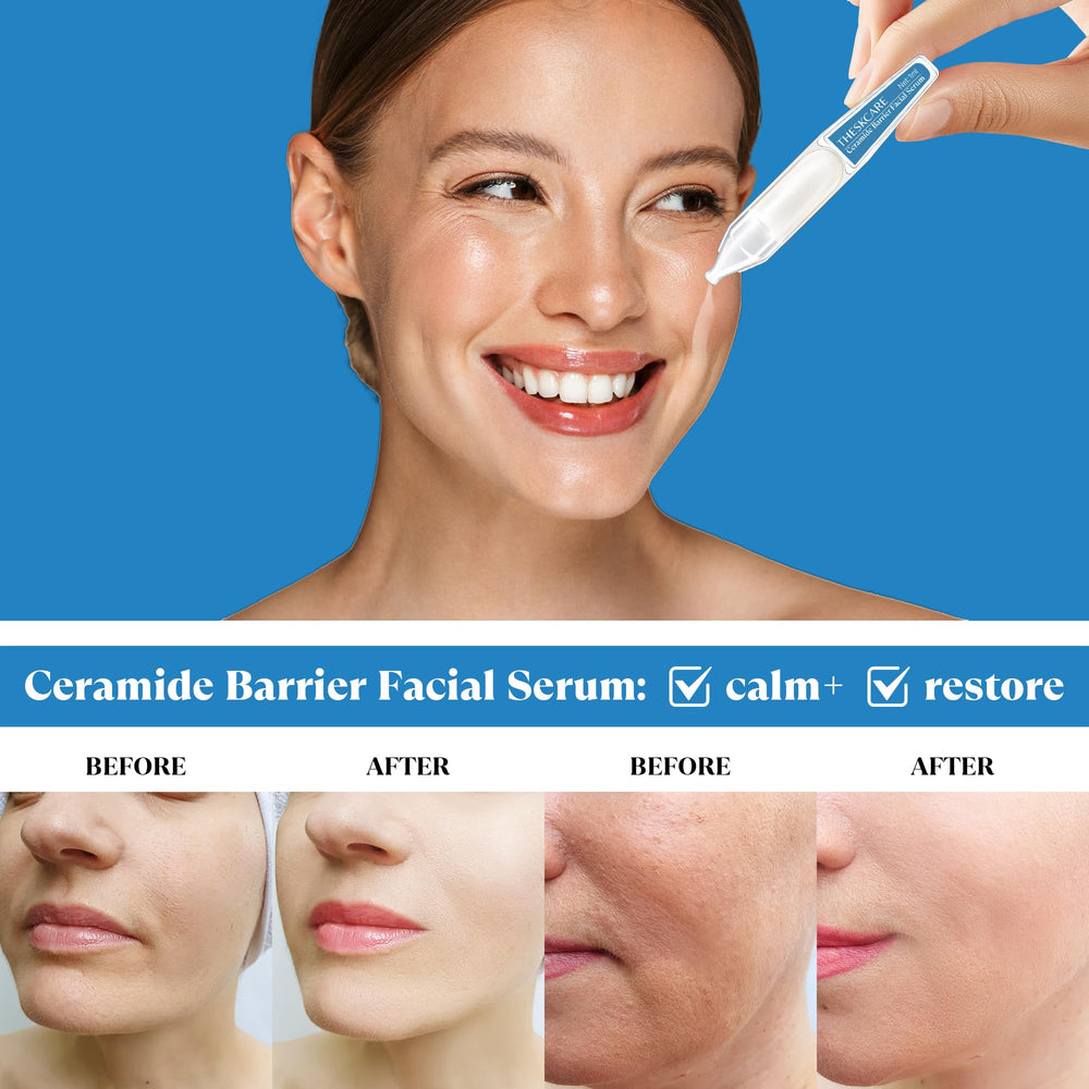 THESKCARE open ampoule with serum on fingers showing single-use hygiene benefit