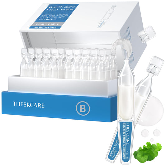 THESKCARE front packaging showing 30 ampoules and travel-ready design benefit: portability
