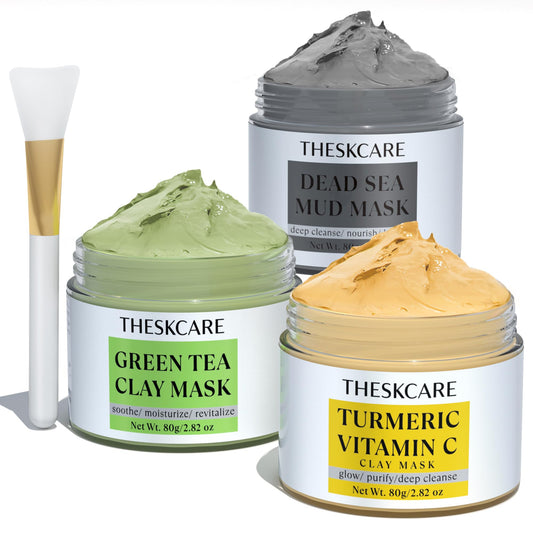 THESKCARE front packaging showing three clay mask jars and brush, organized for easy selection