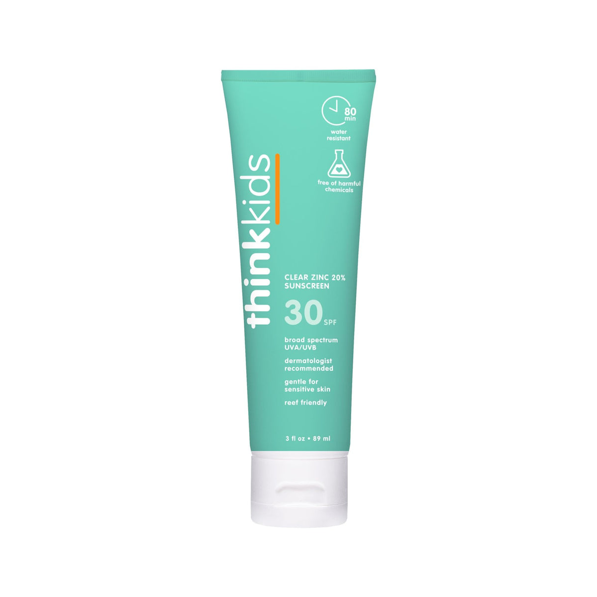 THINK thinkkids front packaging showing clear zinc sunblock, easy identification and protection