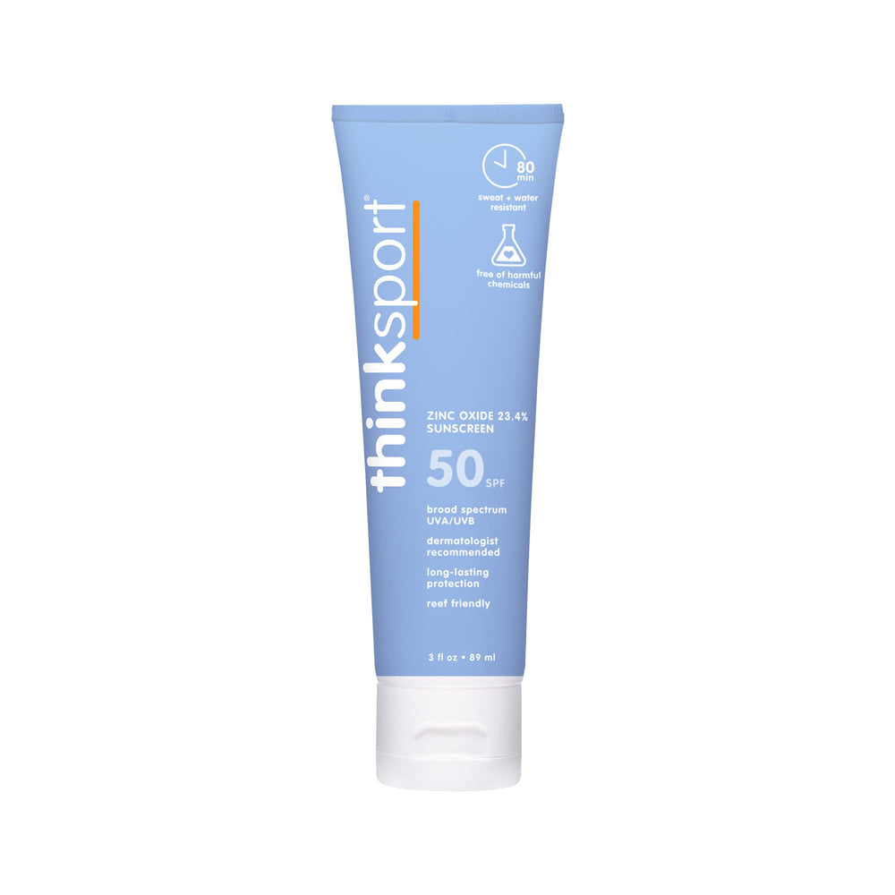 Thinksport front packaging shows compact bottle and SPF 50 protection benefit