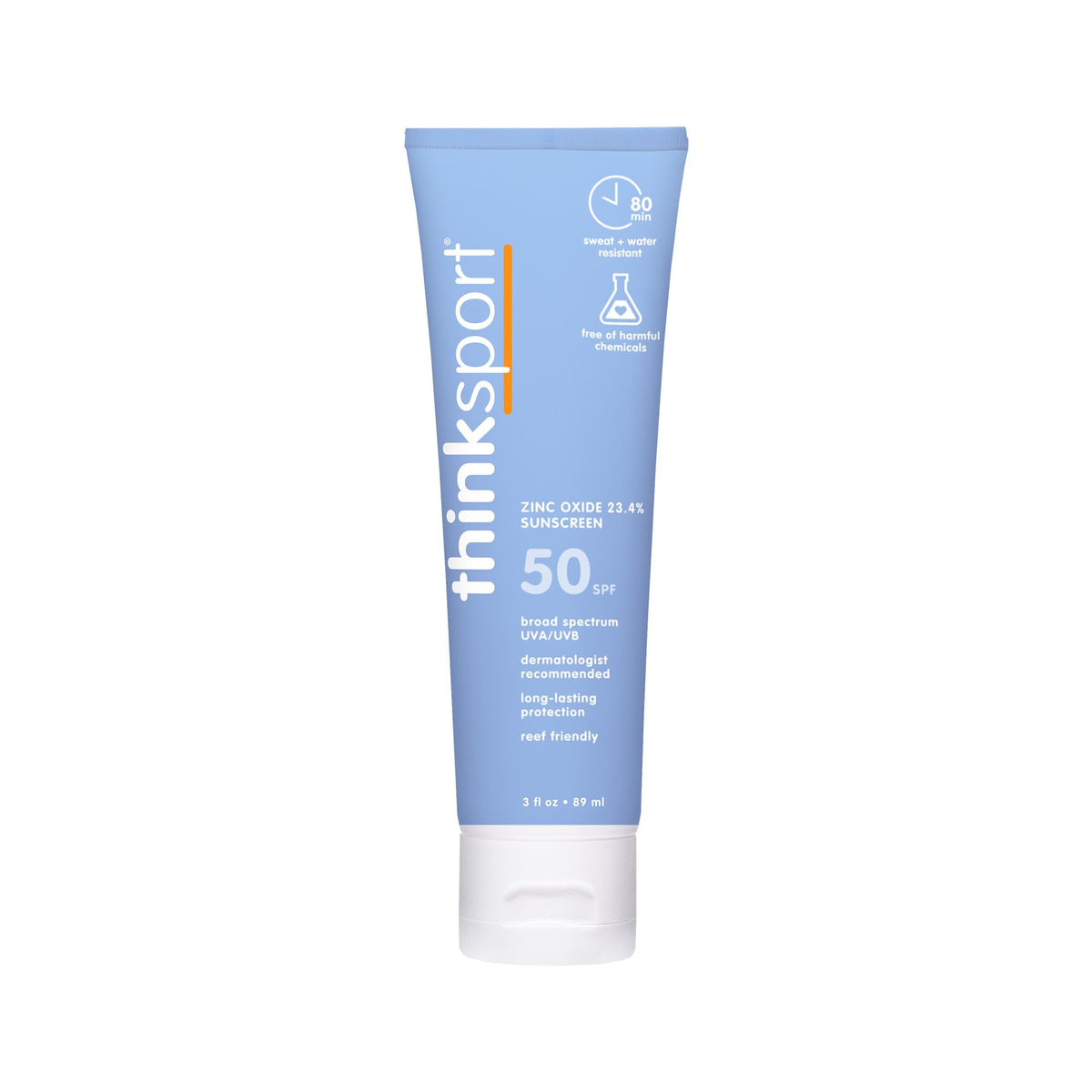Thinksport front packaging shows compact bottle and SPF 50 protection benefit