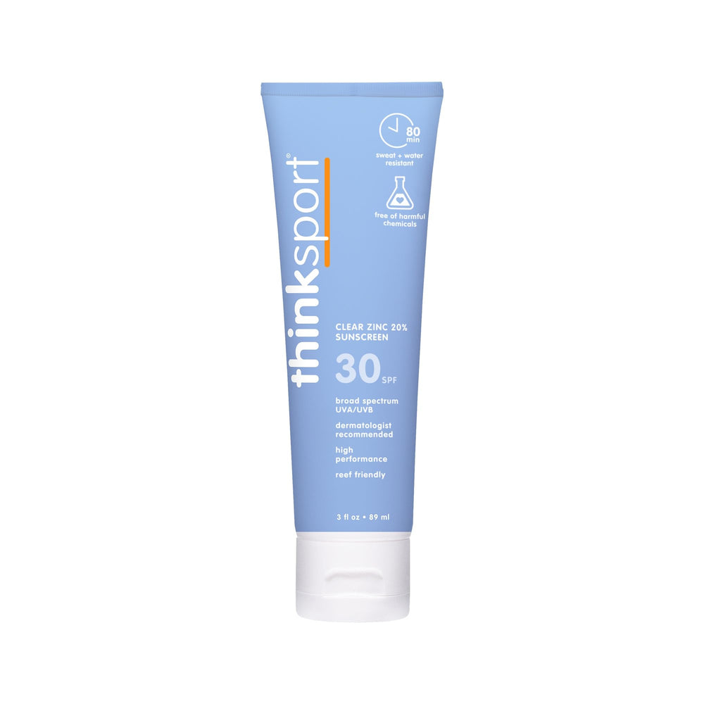 Thinksport front tube showing brand and SPF 30, clear protection for outdoor use