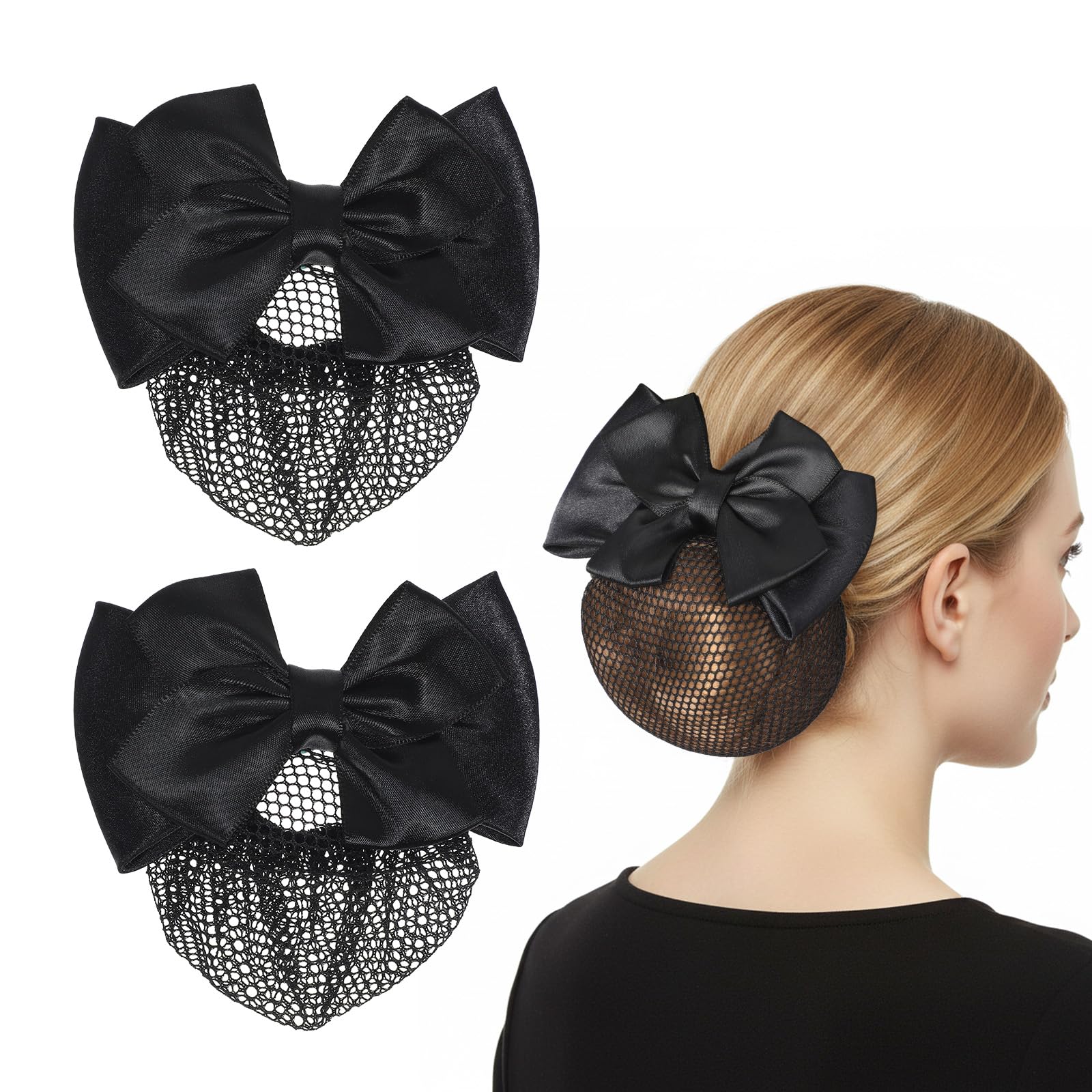 Thinp front view of two black snoods showing neat professional look