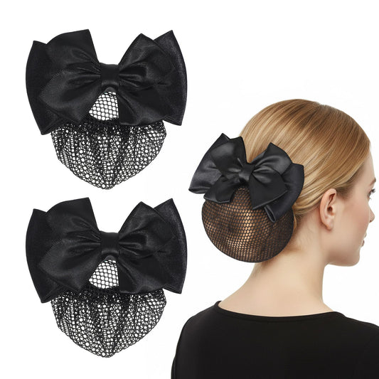 Thinp front view of two black snoods showing neat professional look