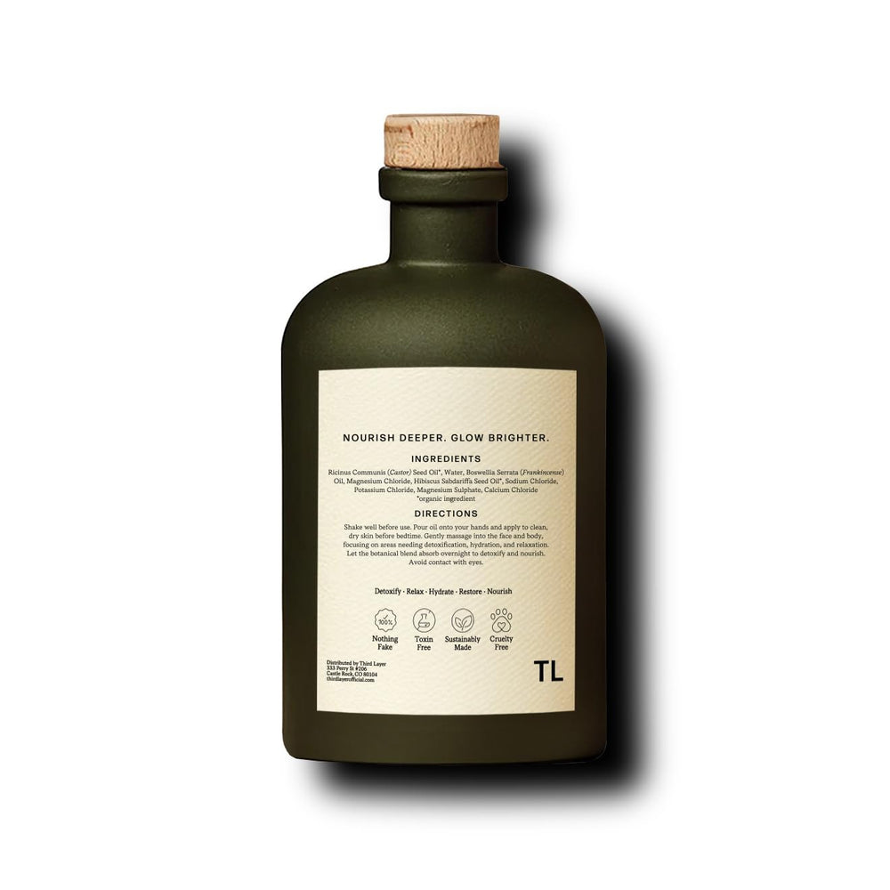 Third Layer bottle next to measuring cup showing 14 fl oz scale