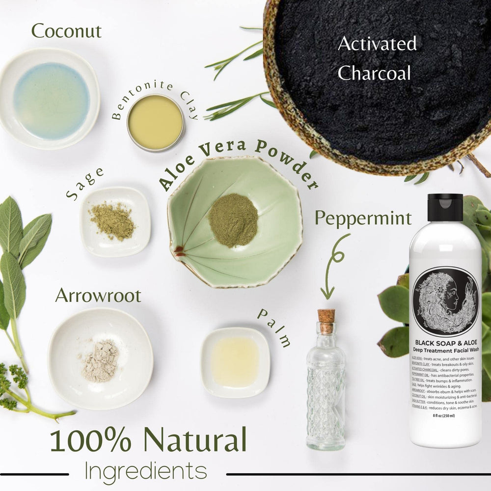 This Soap Works arranged activated charcoal and botanicals illustrating deep-clean benefit