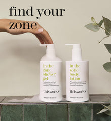 THISWORKS bottle on bathroom shelf in lifestyle setting for everyday routine benefit
