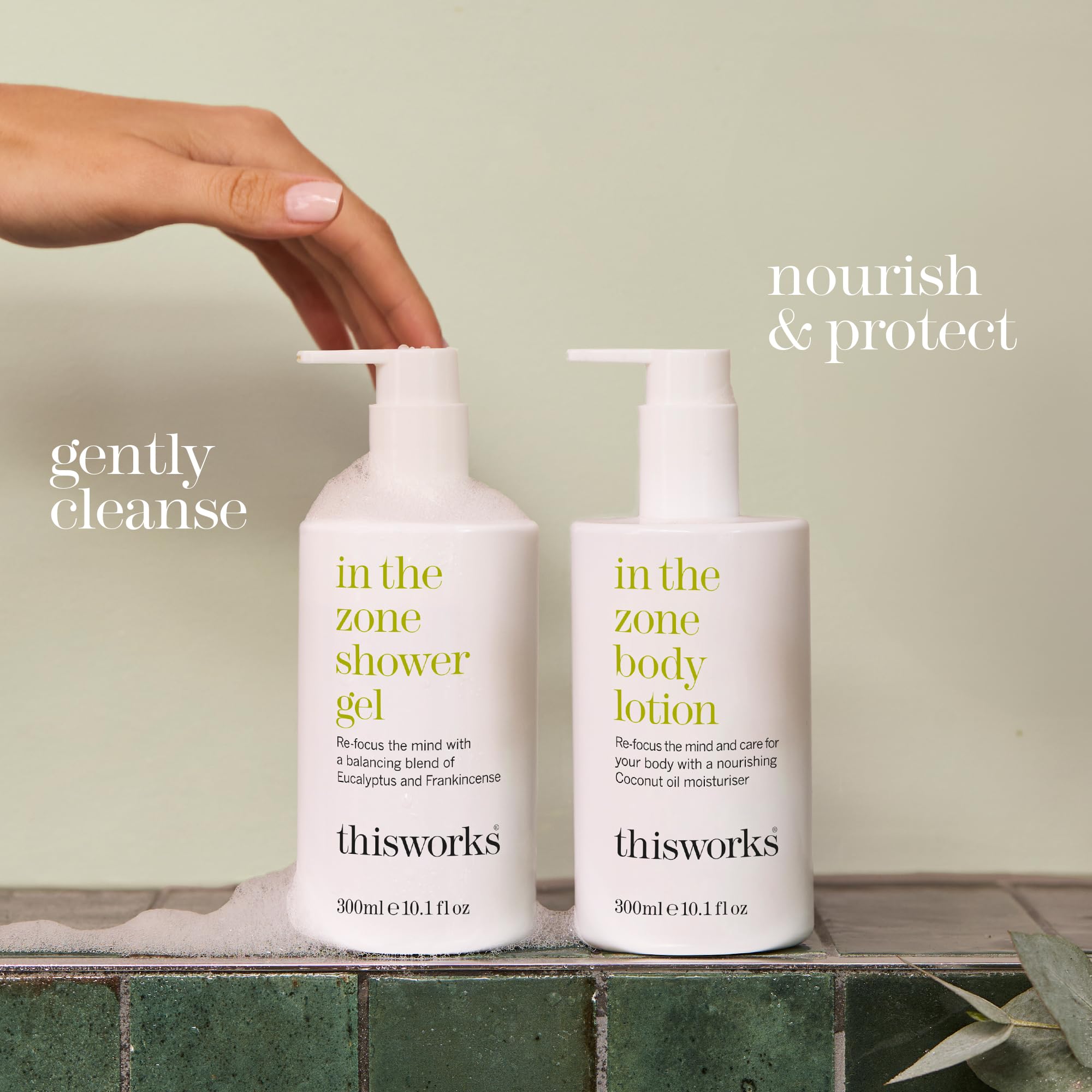THISWORKS bottle beside eucalyptus and petitgrain to highlight key scent ingredients