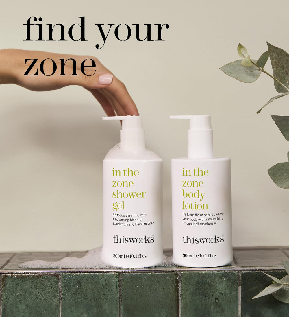 THISWORKS in shower lifestyle moment portraying revitalizing routine that helps focus the senses