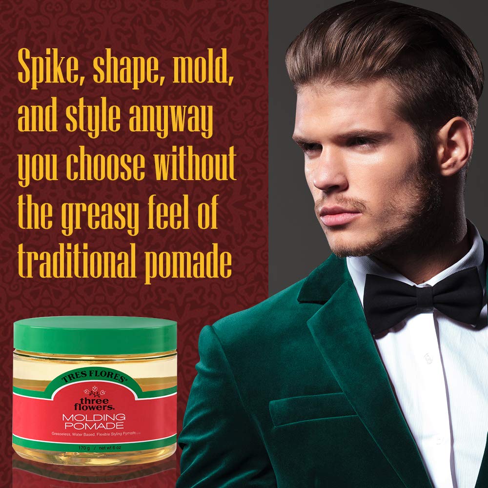 Three Flowers pomade applied to hair creating flexible styled finish