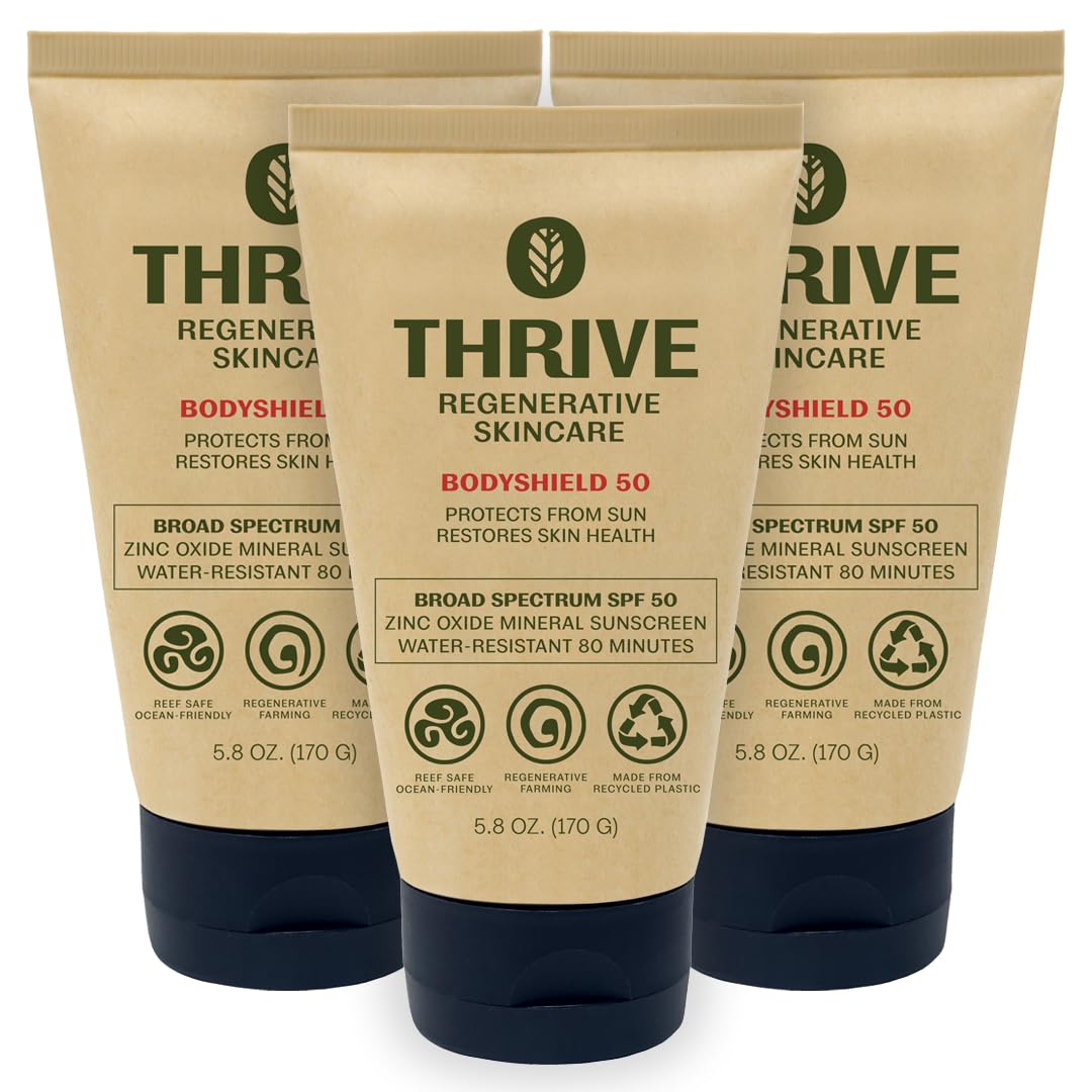 Thrive Natural Care front tube showing label and SPF50 protection benefits
