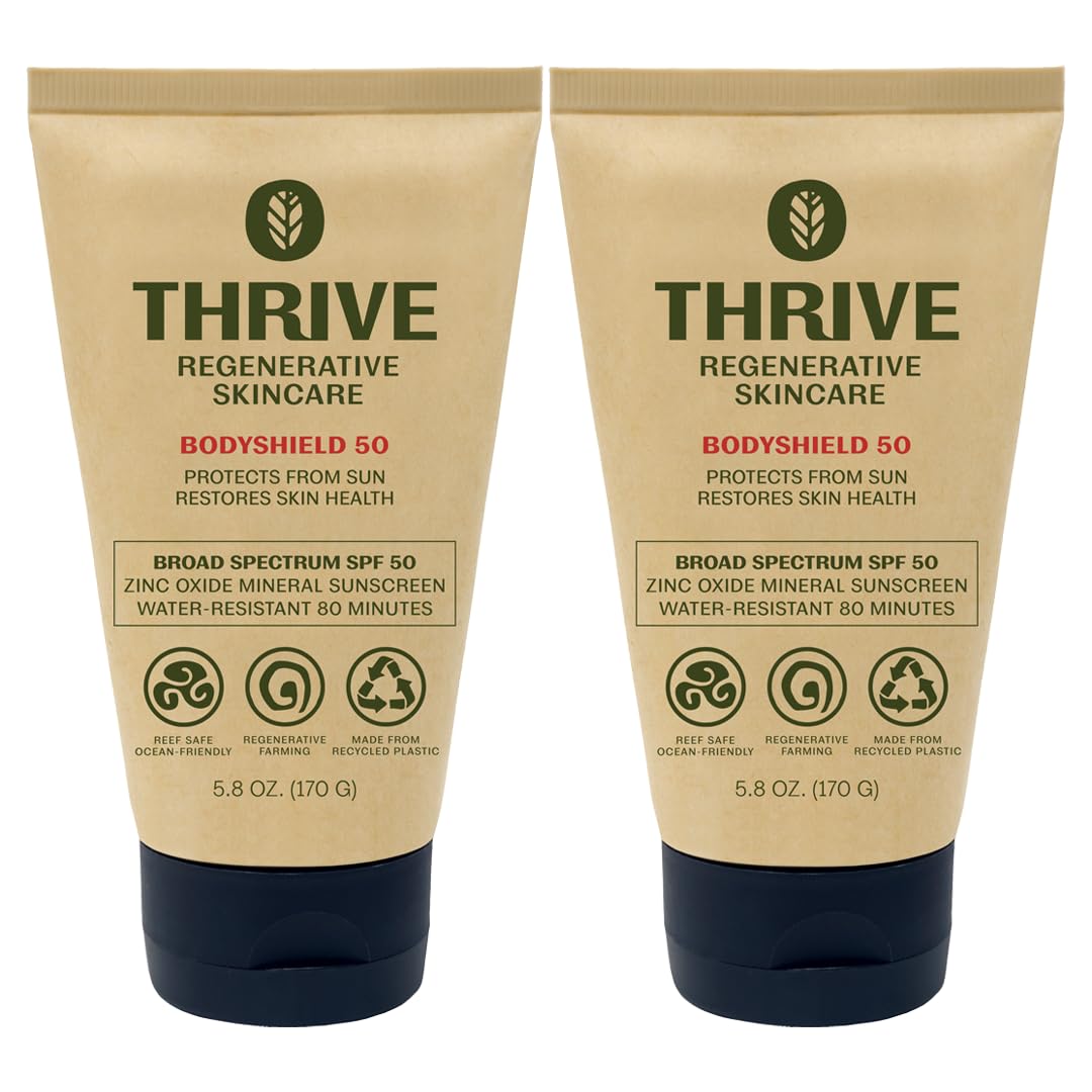 Thrive Natural Care front tube showing product and SPF50 benefit