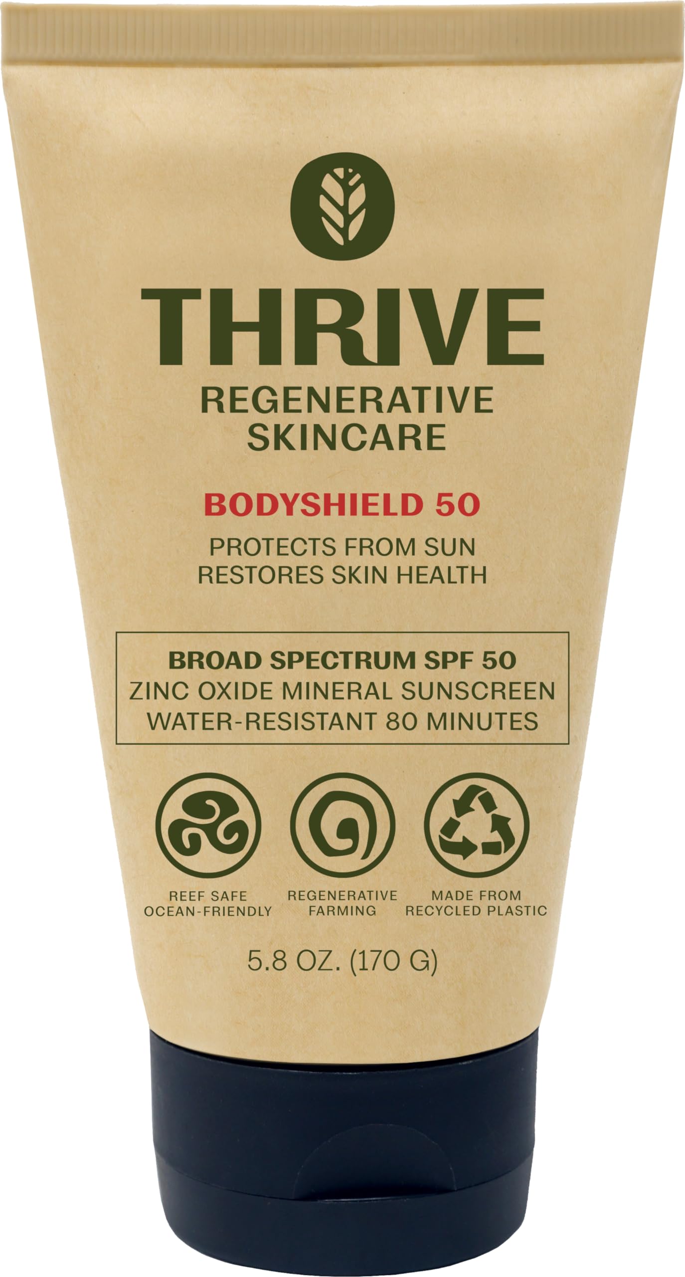 Thrive Natural Care front tube showing SPF50 label and benefit