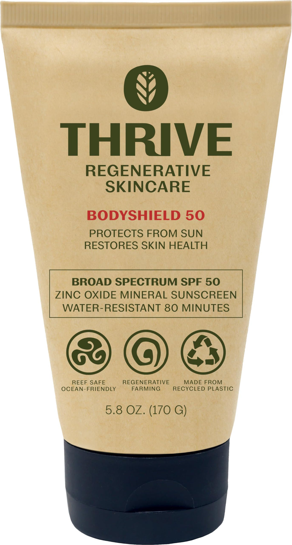 Thrive Natural Care front tube showing SPF50 label and benefit