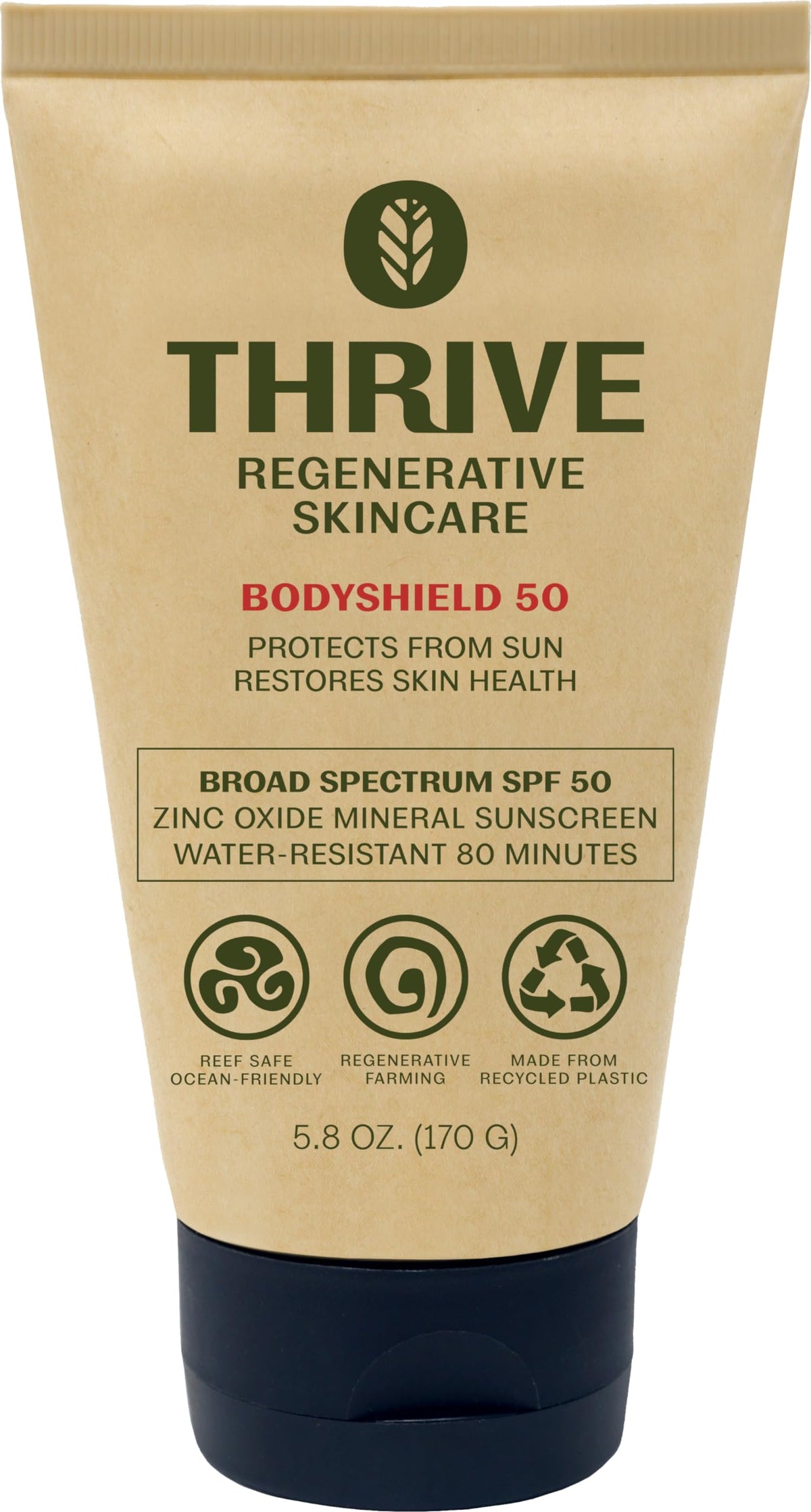 Thrive Natural Care front tube showing SPF50 label and benefit