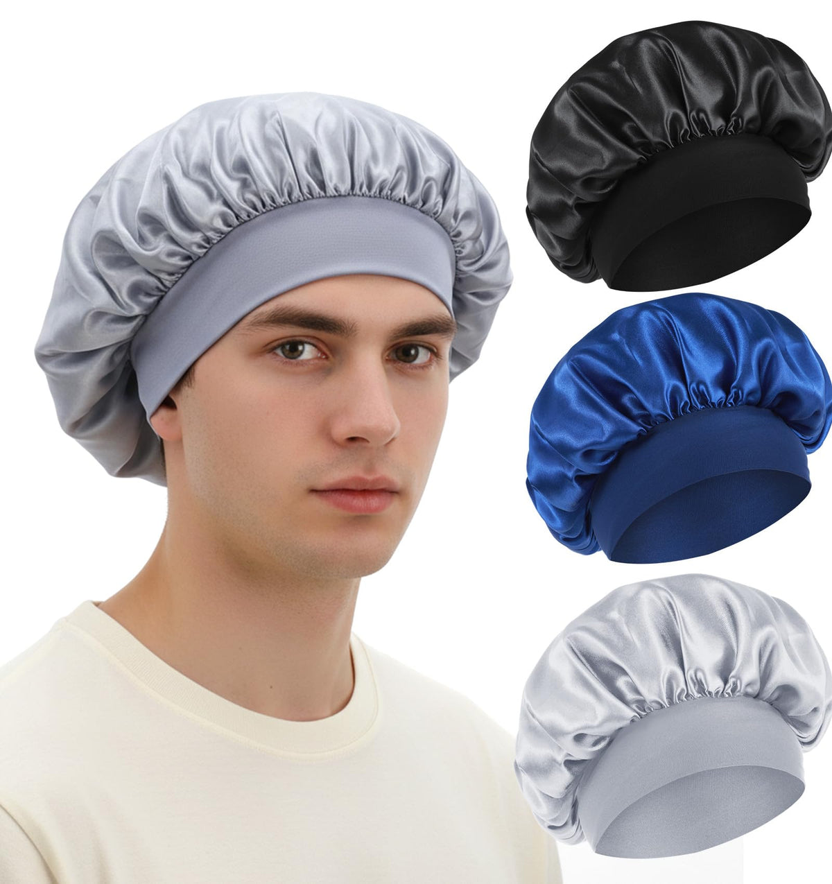 Thrymme front view of three bonnets showing colors and compact fold for travel