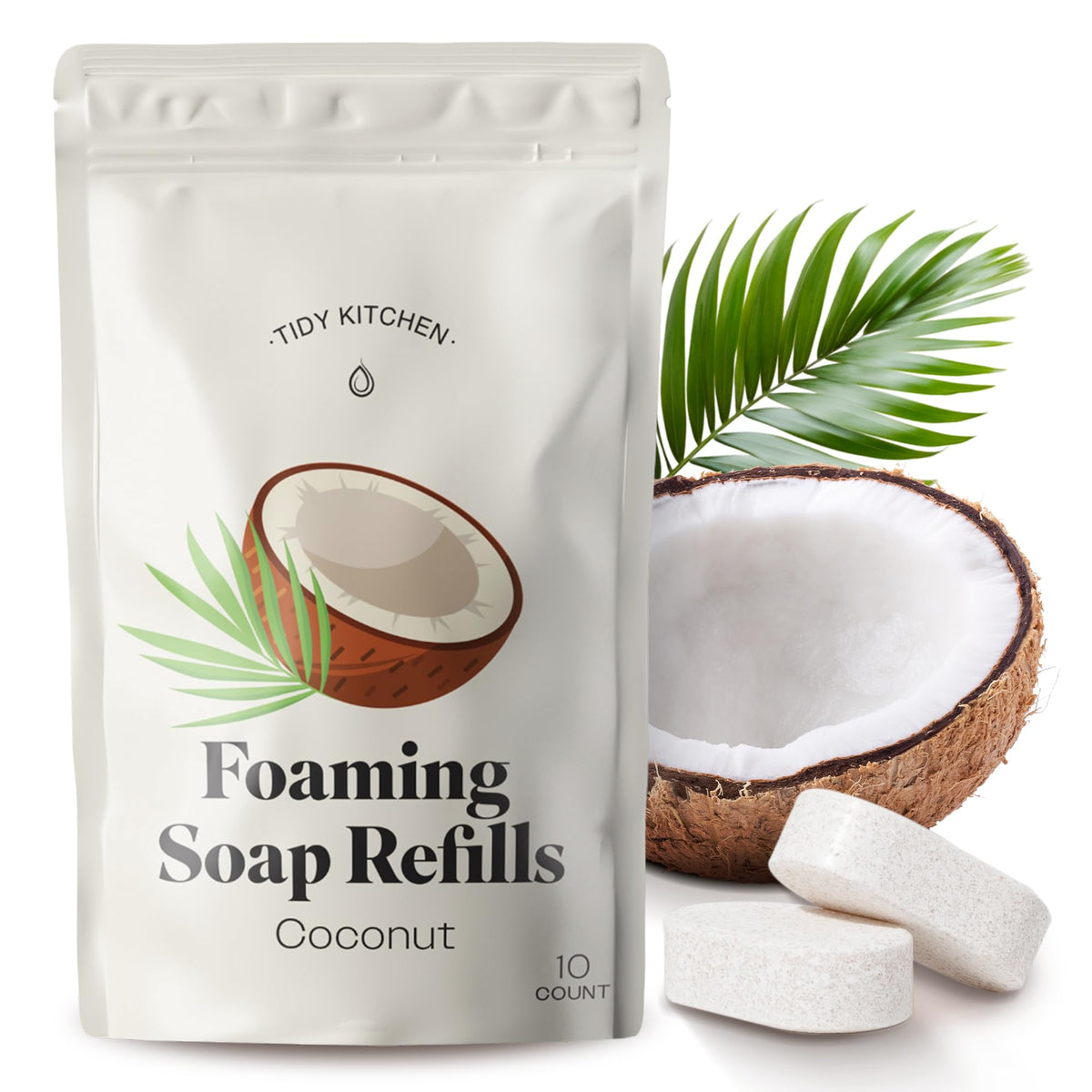 Tidy Kitchen front pack view showing ten coconut soap tablets and benefits
