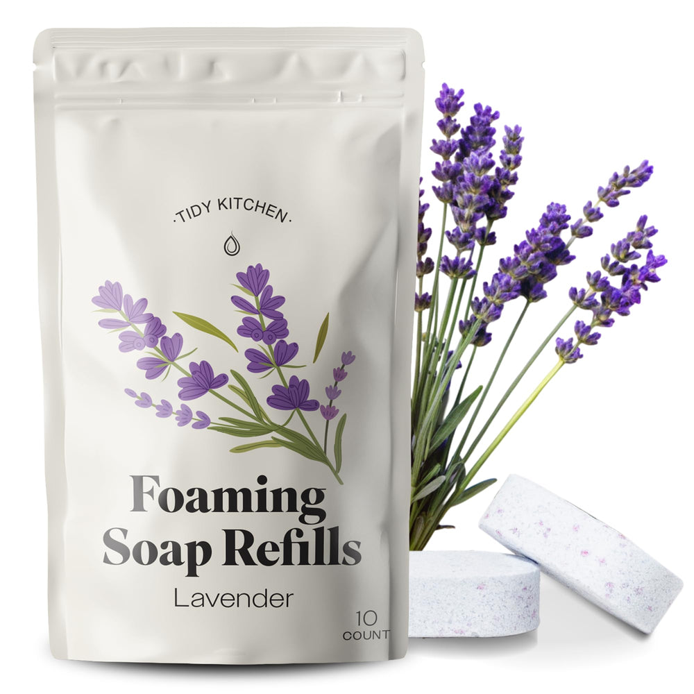 Tidy Kitchen front packaging showing ten lavender refill tablets and eco benefits