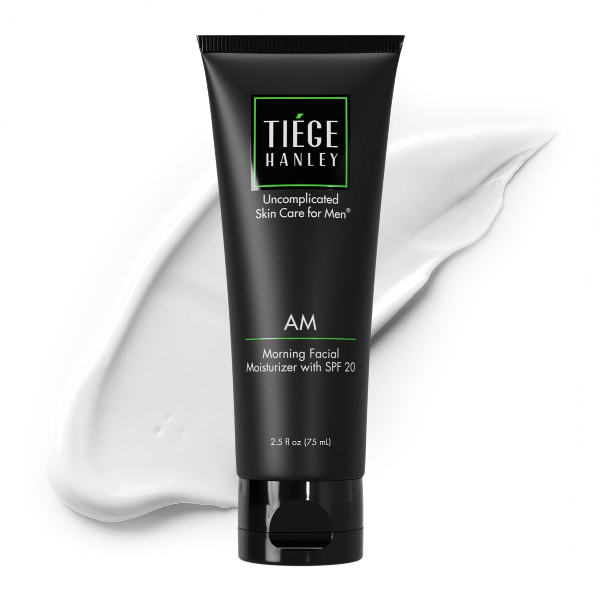 Tiege Hanley front packaging showing 2.5 oz AM moisturizer and clear labeling benefits