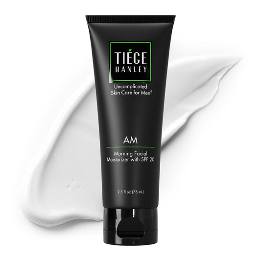Tiege Hanley front packaging showing 2.5 oz AM moisturizer and clear labeling benefits