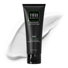 Tiege Hanley front packaging showing 2.5 oz AM moisturizer and clear labeling benefits