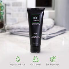 Tiege Hanley bottle size comparison next to common item for travel-friendly convenience