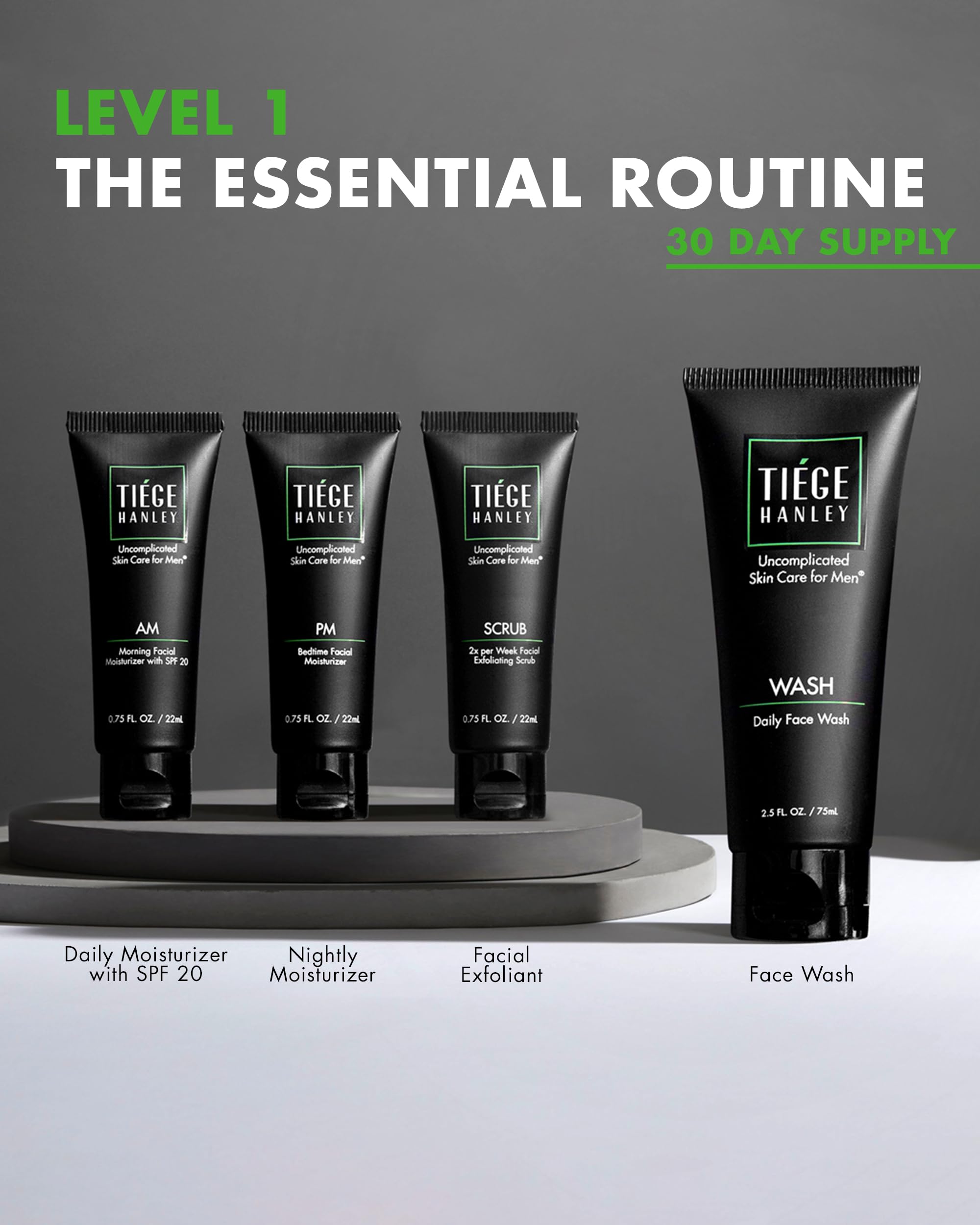 Tiege Hanley exfoliating scrub texture on fingertip showing fine particles for smooth skin