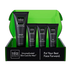 Tiege Hanley front packaging showing the complete 4-piece kit and starter routine benefit