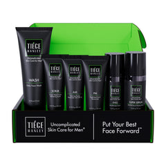 Tiege Hanley front packaging showing full six-piece kit for easy routine