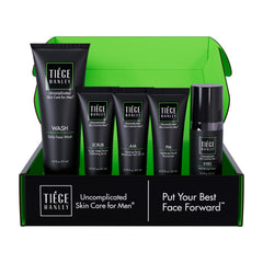 Tiege Hanley front packaging showing full five-piece set and benefits