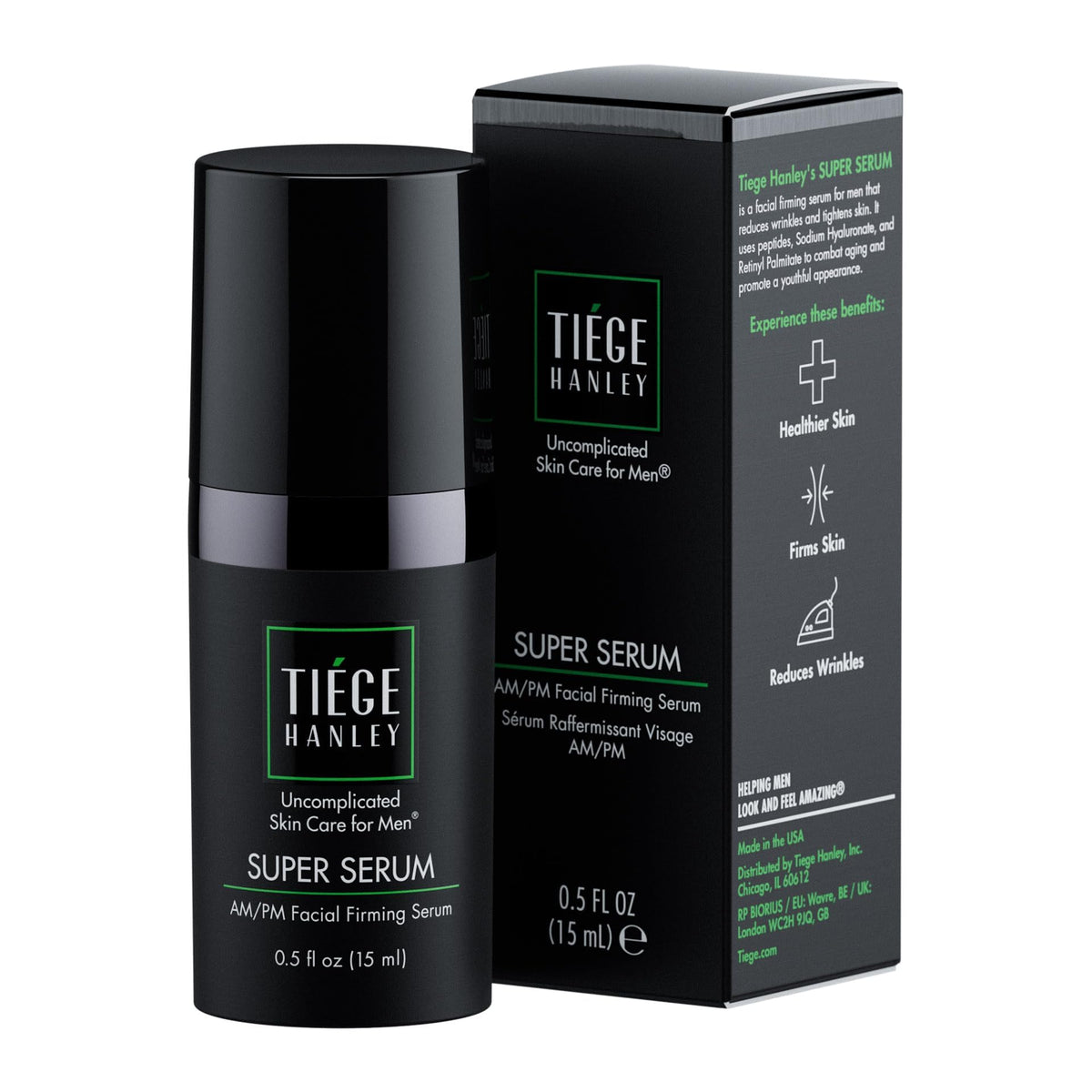 Tiege Hanley Super Serum front packaging shows compact 0.5 fl oz bottle and label benefits
